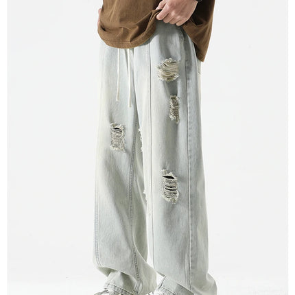 Jeans strappati estivi da uomo Gamba dritta ampia Retro da uomo Disegna corda Porta Pantaloni casual tutto-fiammifero di marca di moda