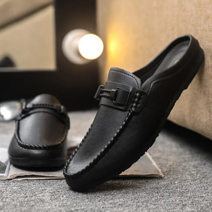 Mezze pantofole da uomo in pelle estiva Scarpe casual da uomo traspiranti Scarpe da guida pigre slip-on Comode mocassini da passeggio Mocassini