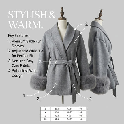 Women's Woolen Coat with Faux Fur Cuffs Belted Waist Short Autumn Winter Wrap Jacket