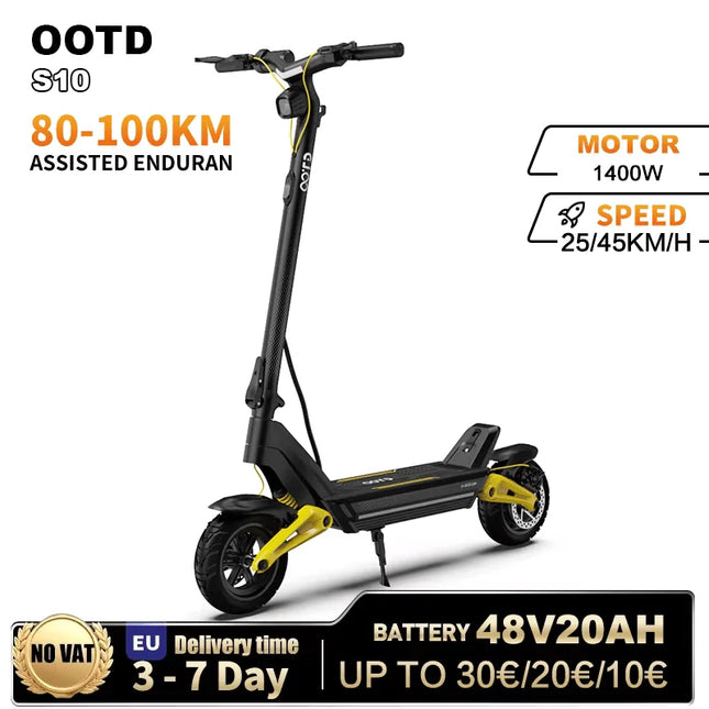 Monopattino Elettrico OOTD S10 10 Pollici con Bluetooth e APP, 1400W 48V 20AH, Velocità Massima 55 KM/H, Autonomia 70km, Monopattino Leggero con Doppia Sospensione
