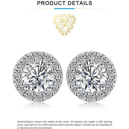 JewelryPalace Moissanite D Color Total 1ct Round 925 Sterling Silver Halo Stud Earrings for Woman Yellow Gold Rose Gold Plated PlatiNum