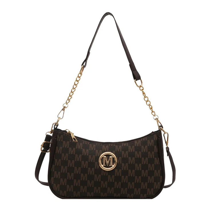 Vintage Style Handbag Crossbody Bag, Gold Letter 'M' Design Pu Leather Shoulder Messenger Bag, Synthetic Leather Tote Bag, Purse PlatiNum