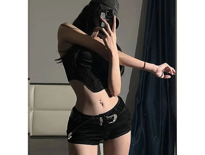 Stretchy Ripped Hem Low Rise Gothic Denim Shorts Slimming Black Hotpants for Women Y2K High Street Booty Shorts PlatiNum