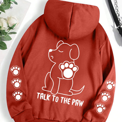 Talk To The Paw Funny Dog Cartoon Print Hoodie Women Warm Fleece Hoody Fashion Casual Hooded Autumn Loose Round Neck Woman Tops