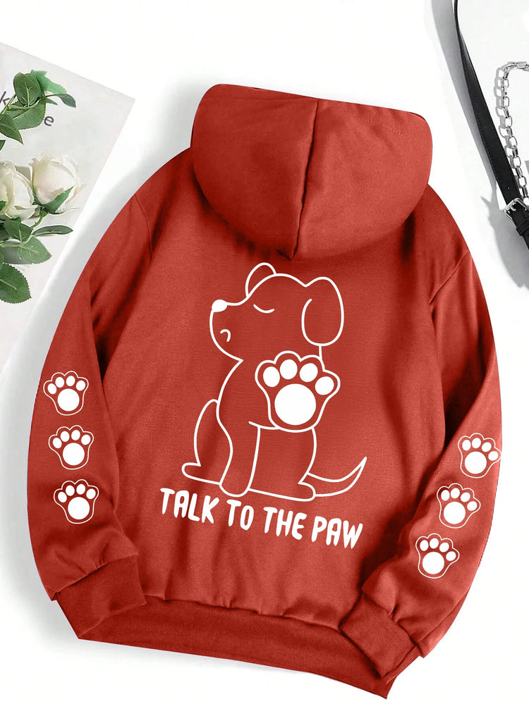 Talk To The Paw Funny Dog Cartoon Print Hoodie Women Warm Fleece Hoody Fashion Casual Hooded Autumn Loose Round Neck Woman Tops