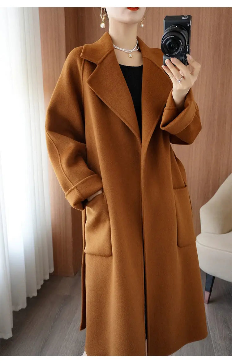100% Wool Coat Women's Wear 2026 Autumn/Winter Fashion Temperament Double sided Cashmere Coats with Belt Elegant Long Overcoat