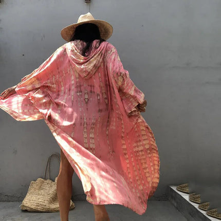 Costume da bagno donna copricostume lungo Kimono da spiaggia orlo curvo allentato aperto davanti Tie Dye abbigliamento da spiaggia platinumshop