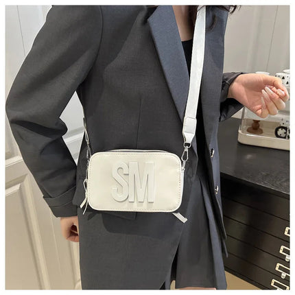 Chic SM Letter Camera Bags, Stylish Women’s Crossbody Small Square Purses with Wide Patterned Straps, Perfect for Daily Casual PlatiNum