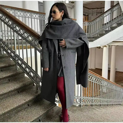 Elegant Big Scarf Collar Women's Coat Fashion Double Breasted Pockets Overcoats 2026 Autumn New High Street Oversize Outerwears