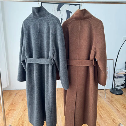 Korean Fashion Dark Gray Stand Collar 100%Wool Coat Women Long Winter Jacket