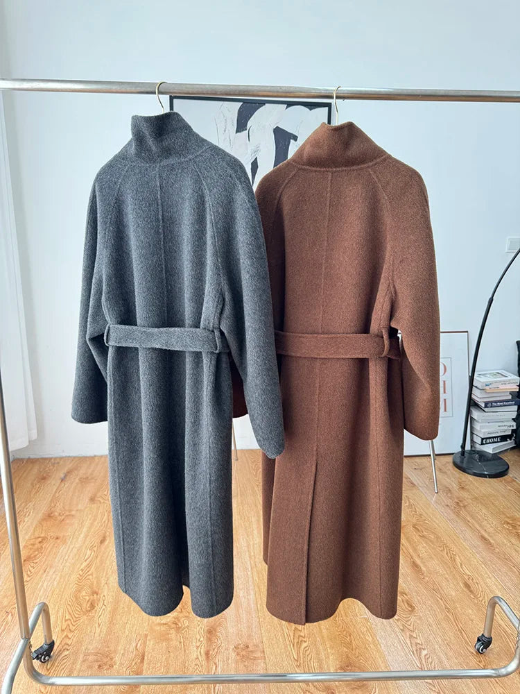 Korean Fashion Dark Gray Stand Collar 100%Wool Coat Women Long Winter Jacket