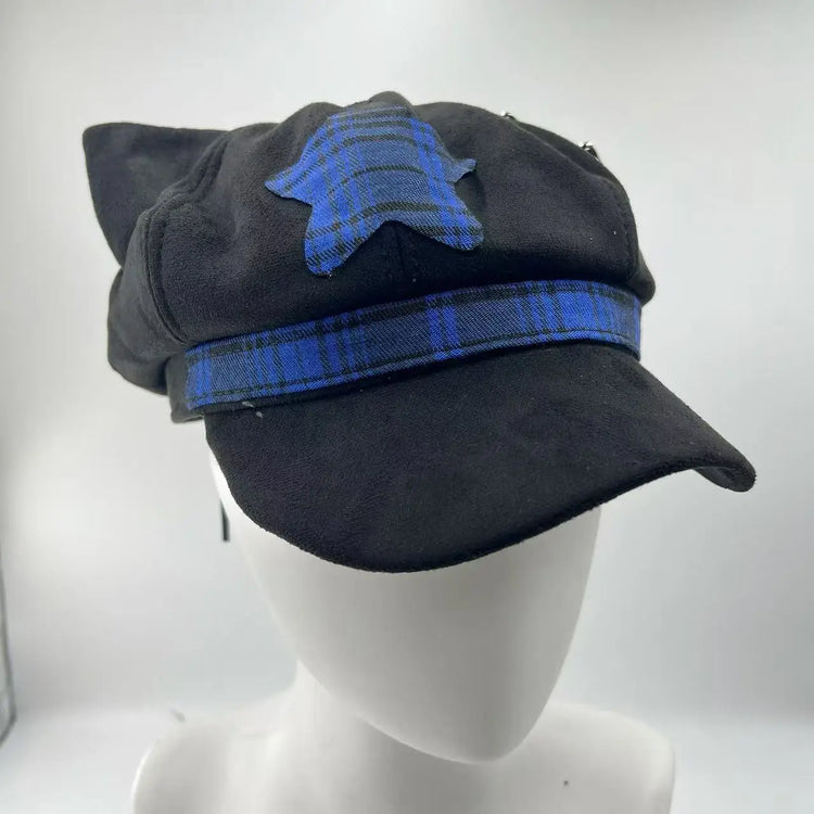Alt Y2K Cat Ear Visor Hat Plaid Tape Decor Gothic Punk Black Cap Harajuku Street Cosplay Fashion Headwear