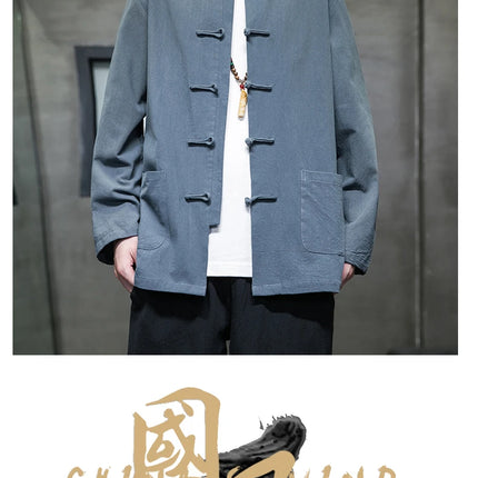 Camicie da uomo stile cinese retrò lino cotone tinta unita vestito Tang top cardigan uomo casual Kung Fu Tai Chi camicette da uomo abbigliamento