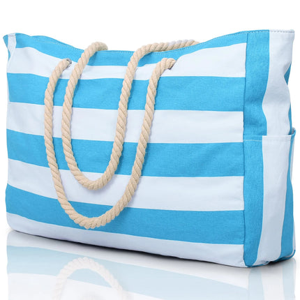 Striped zip-up outdoor travel and vacation bag, waterproof and sand-resistant canvas, convenient foldable beach bag-zmt