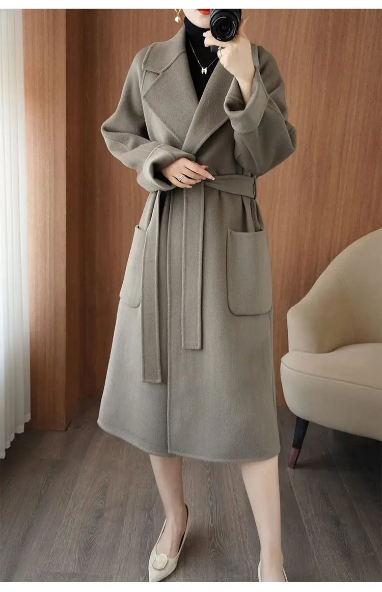 100% Wool Coat Women's Wear 2026 Autumn/Winter Fashion Temperament Double sided Cashmere Coats with Belt Elegant Long Overcoat