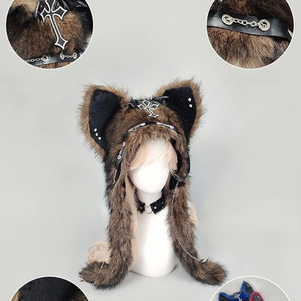Y2K Gothic Punk Cat Ear Hat with Cross Wing Chain Decoration Plush Warm Winter Subculture Goth Rock Musi Cap Bombero Gorro Ruso