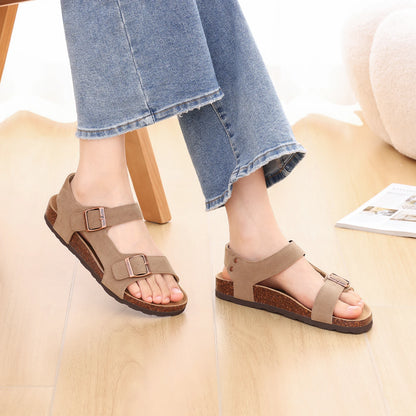 Eyriphy New Women Open Toe Leopard Slides With Adjustable Buckle Classic Flat Sandals Casual Cork Footbed Women's Slippers