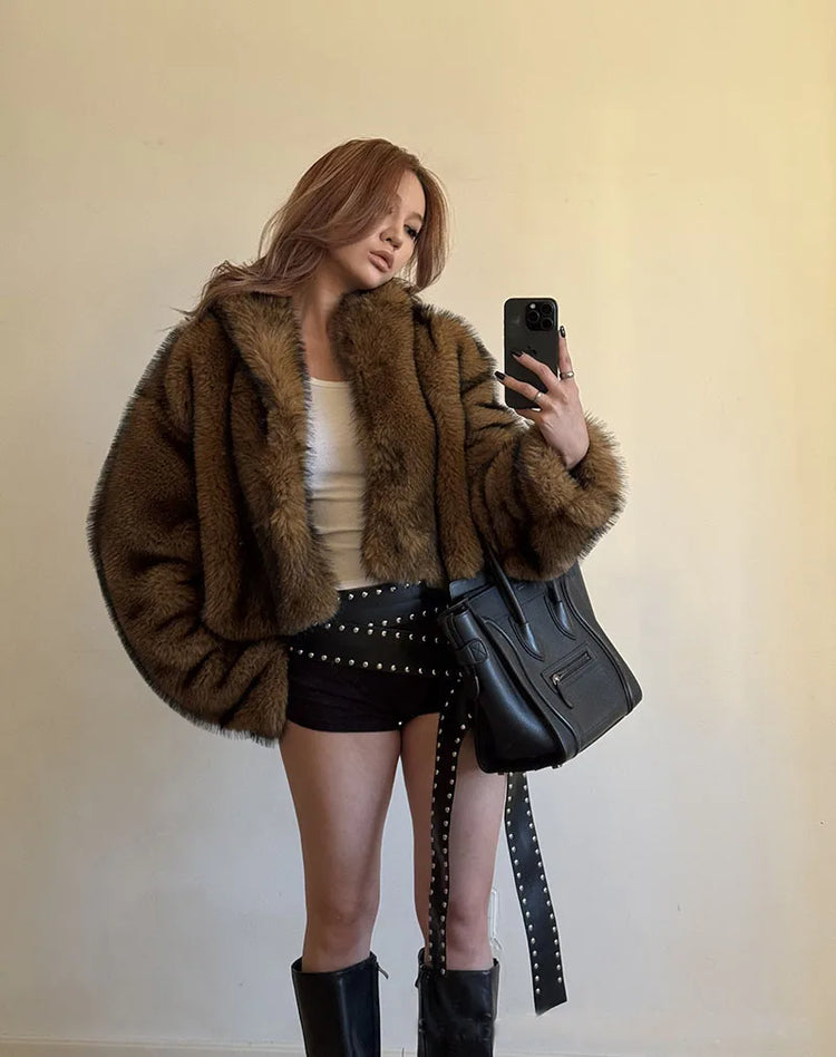 ZADORIN Oversized Fluffy Brown Faux Fur Coat Woman Clothes Winter Lapel Long Sleeve Short Fur Jackets for Woman Tops Outerwears