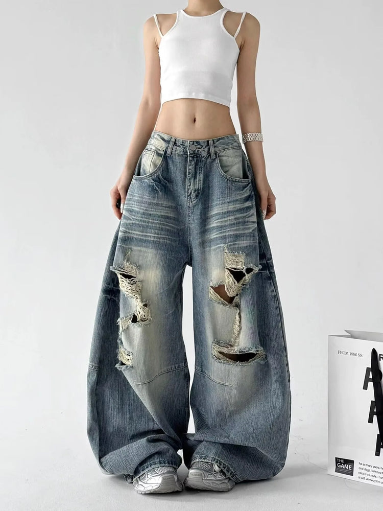 Jeans Larghi da Donna Stile High Street, Denim Distressed, Moda Primavera 2026, Nuovi Arrivi, Pantaloni Lunghi