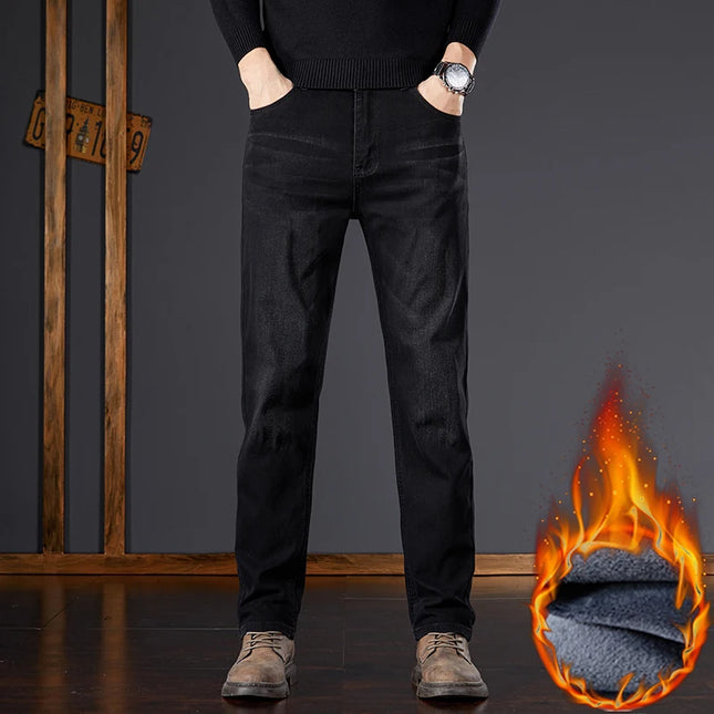 New Men Fleece Lined Straight Jeans Winter Warm Thick Solid Color Denim Pants Classic Business Casual Male Long Trousers