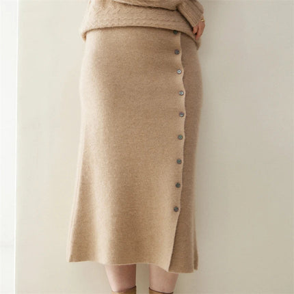 Women 100% Cashmere Skirts Office Lady Autumn Winter Knitted High Waist A-Skirt Graceful Long Warm front-open skirt with buttons PlatiNum