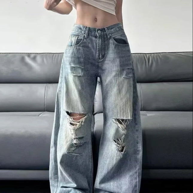2025 Jeans blu da donna strappati a vita alta estivi American Vintage Streetwear Y2K Pantaloni a gam