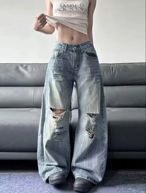 2025 Jeans blu da donna strappati a vita alta estivi American Vintage Streetwear Y2K Pantaloni a gam