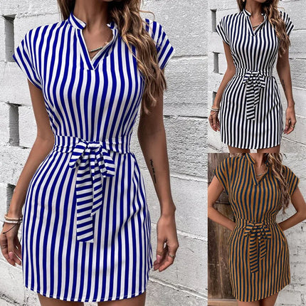 Summer New Striped Print Dress for Women 2024 Fashion V-Neck Sleeveless Lace-Up Short Skirt Elegant Office Lady Slim Dresses