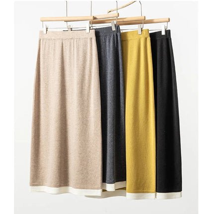 SuyaDream, Women Long Skirt, 32.4%Sheep Wool, Solid Woolen Knitted Skirts, 2024 Autumn Winter Warm Under Dress, Grey, Khaki PlatiNum