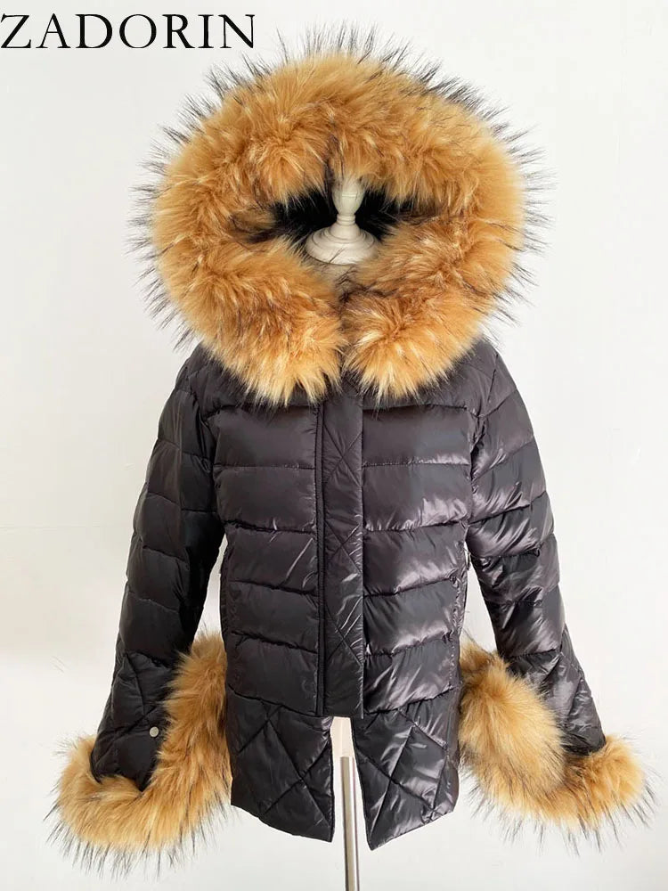 ZADORIN 2025 Trend White Duck Down Patchwork Faux Fur Jacket Women Winter Warm Big FAUX Raccoon Fur Hood Women Faux Fur Coat