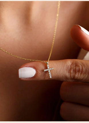 Danity Cubic Zirconia Cross Pendant Necklace for Women, Stainles Steel Chain Adjustable PlatiNum