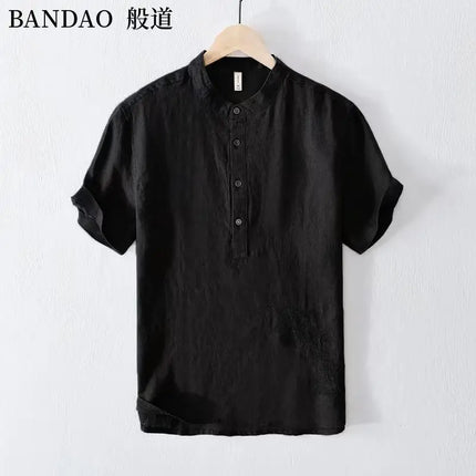 Men's High-End Loose Spring and Summer Chinese Style Short-Sleeved Cotton Linen Casual Breathable Shirt Collar T-shirt