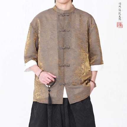Camicia da Uomo di Lusso con Sfumature Colorate, Jacquard a Maniche Corte, Stile Cinese Tradizionale, Fresca per l'Estate, in Seta Ghiaccio