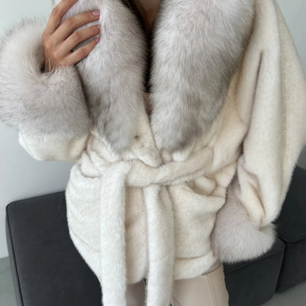 DFDG 2026 Women Hooded Faux Fur Coat Belted Waist Tie Big Fur Trim Collar Long Sleeve Outerwear Warm Luxury Overcoat Winter Fur