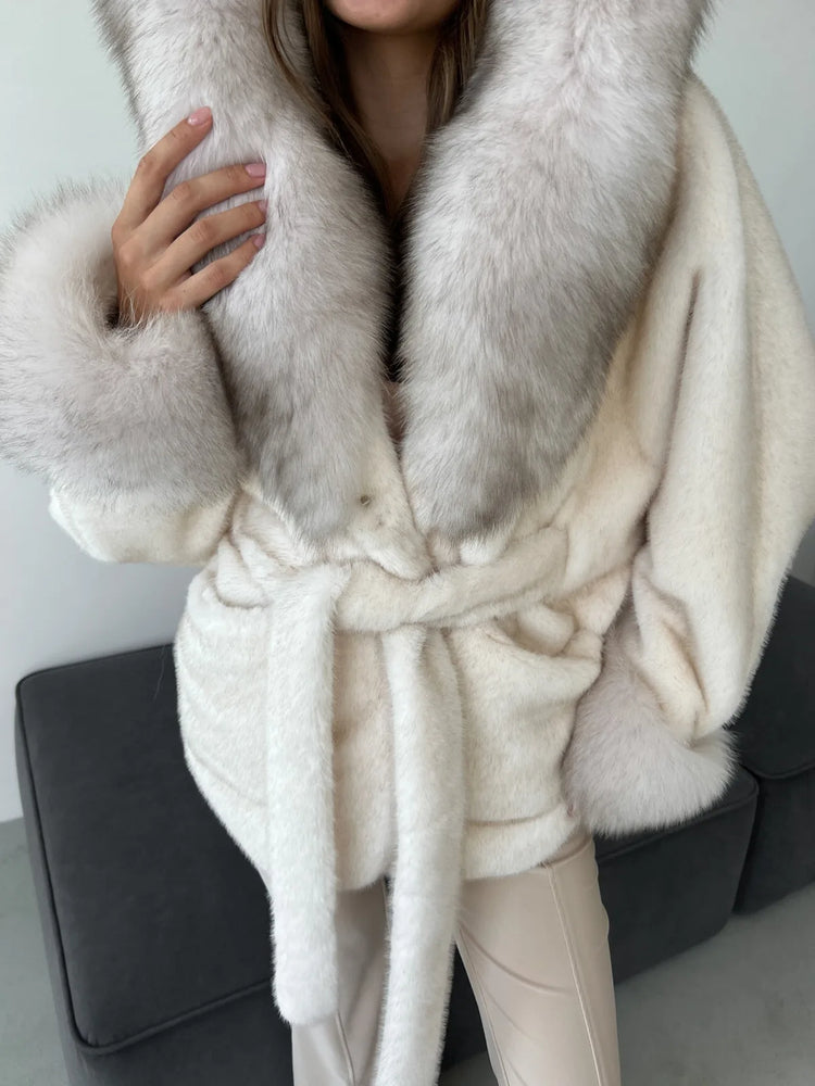 DFDG 2026 Women Hooded Faux Fur Coat Belted Waist Tie Big Fur Trim Collar Long Sleeve Outerwear Warm Luxury Overcoat Winter Fur