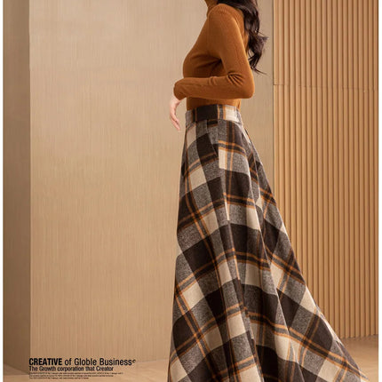 New Women Woolen Plaid Skirt Autumn Winter Fashion Elastic High Waist A-Line Wool Blended Long Skirt Simplicity Vintage Skirt PlatiNum