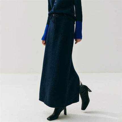 Women Pure Cashmere Long Skirts Autumn Winter Straight Ankle Length Thick Skirts 100% Cashmere Knit Drawstring and Split Skirts PlatiNum
