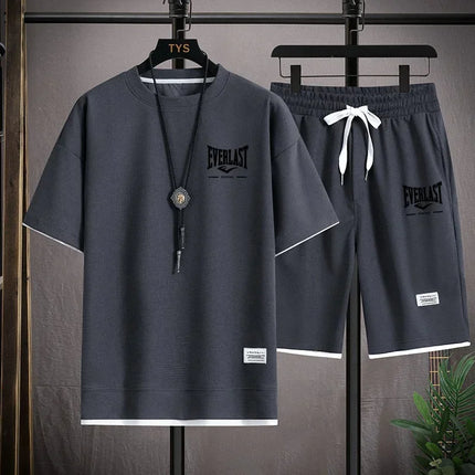 Men's Summer Outfit High Quality Round Neck Men's T-shirt 2-Piece Shorts Set Quick Dry Running Leisure.