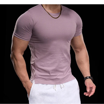 Men's gym fitness workout clothing slim fit short sleeve breathable high elasticity sports T-shirt, running sports
