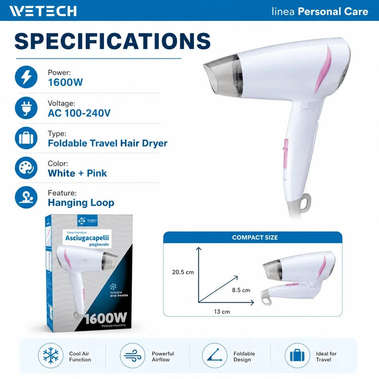 1600W Dual Voltage Hair Dryer Foldable Design 100-240V Portable Travel Hairdryer Hot Cold Air Styling Tool Hotel Use