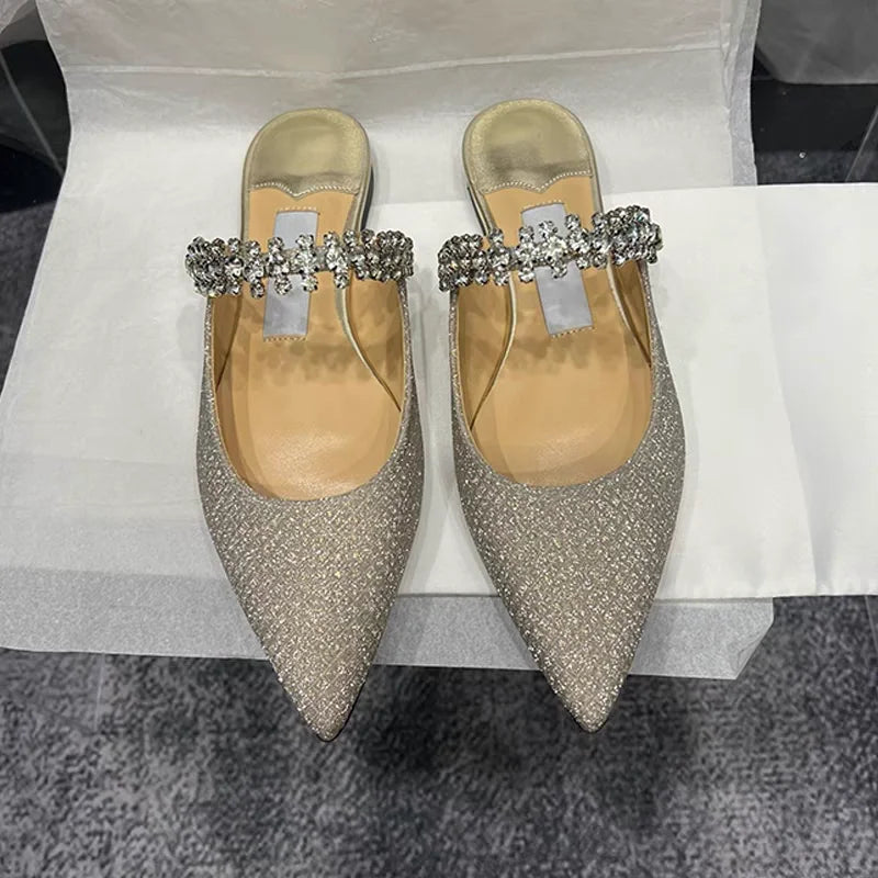 European and American Women Slippers 2025 Summer New Rhinestone High Heels Pointed Temperament Muller Shoes