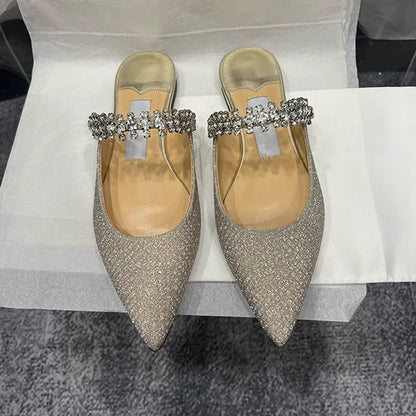 European and American Women Slippers 2025 Summer New Rhinestone High Heels Pointed Temperament Muller Shoes