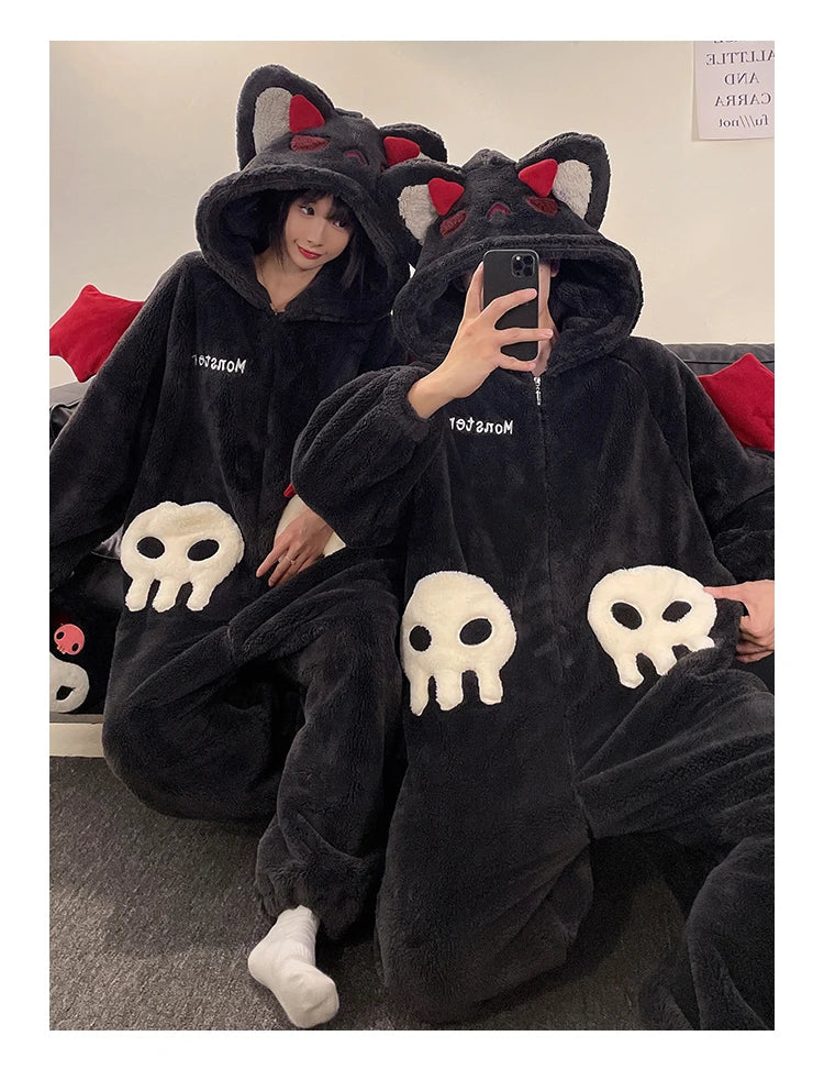 DAIMELU hooded male pajamas set men's cartoon winter thickened coral fleece flannel boy one-piece loungewear suit sleepwear