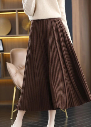 100% Merino Wool Women’s Knitted Skirt Spring Autumn Winter  Long Pleated Grace Skirts High Waist A-Line Cashmere Comfortable PlatiNum