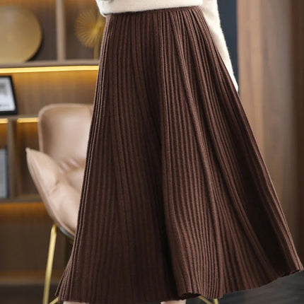 100% Merino Wool Women’s Knitted Skirt Spring Autumn Winter  Long Pleated Grace Skirts High Waist A-Line Cashmere Comfortable PlatiNum