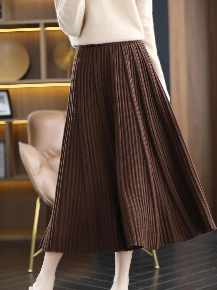 100% Merino Wool Women’s Knitted Skirt Spring Autumn Winter  Long Pleated Grace Skirts High Waist A-Line Cashmere Comfortable PlatiNum