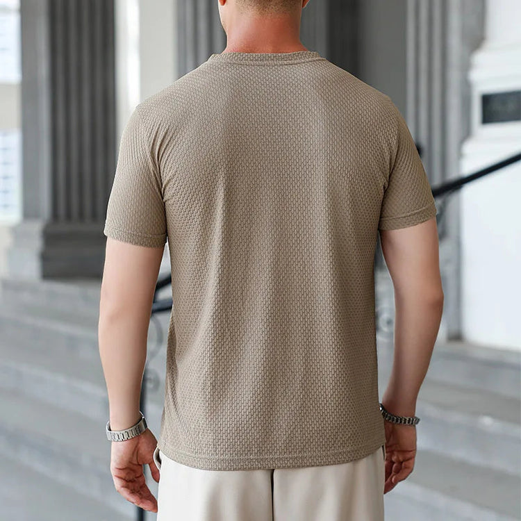 2025 New Men's Casual Short Sleeved Bone Flower Solid Color O-neck T-shirt Fashion Breathable Comfortable Summer Versatile Top PlatiNum