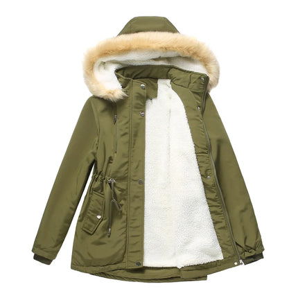 Women's Winter Coat Warm Fleece Lined Parka Detachable Faux Fur Hood Padded Jacket Slim Waist Thick Sherpa Loose Cotton Outwear