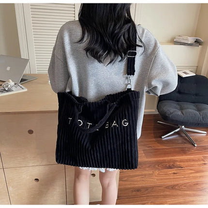 Large Capacity Striped Velvet Handbag Shoulder Bag for Woman Handbags Crossbody Bags, Versatile Letter Corduroy Women's Tote Bag PlatiNum
