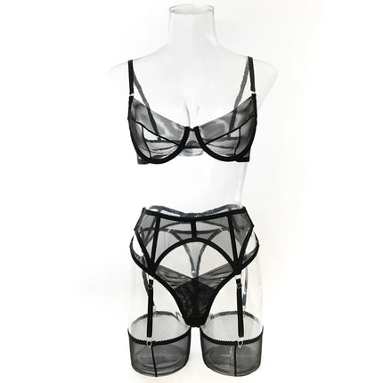 Luxury Dark Style 4Pcs Women's Lingerie Set Push-up Underwire Bra Garter Belt Thong Panty Stocking Erotic Intimate Outfits